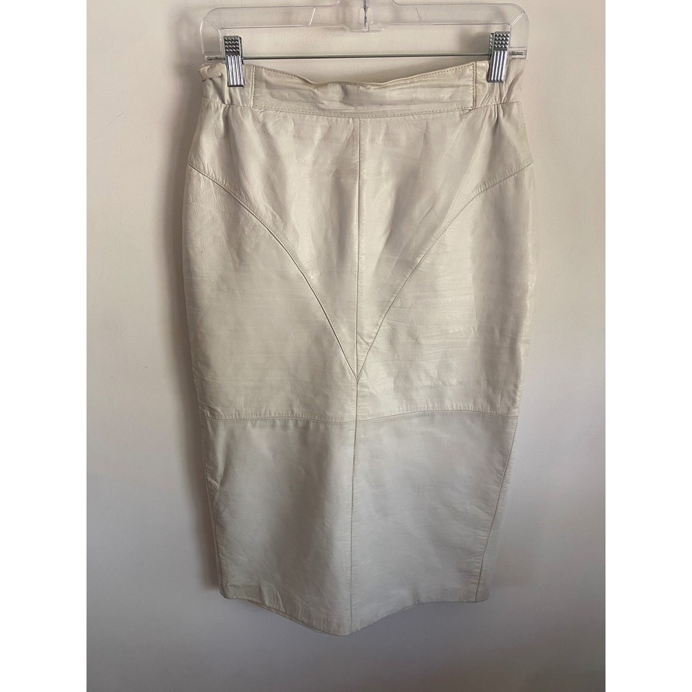 Vintage‎ White Leather Pencil Skirt High Waisted Midi Snap Vent Cream Size 10
